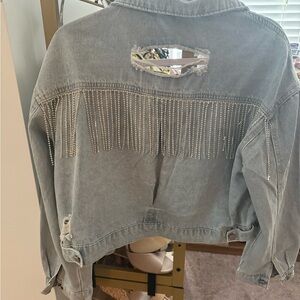 Stylish Distressed Jean Jacket with Rhinestone Fringe